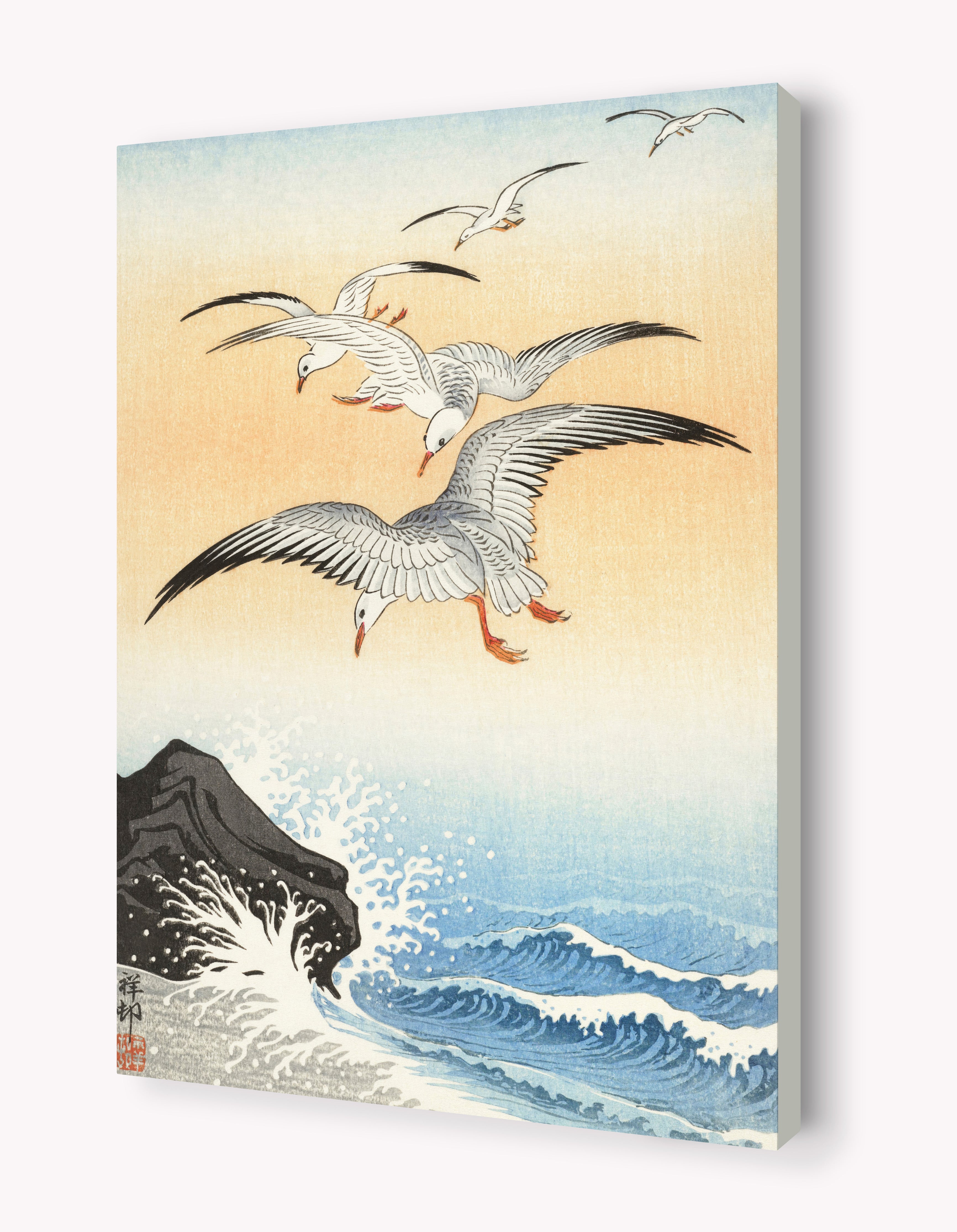 Five Seagulls Above Turbulent Sea by Ohara Koson